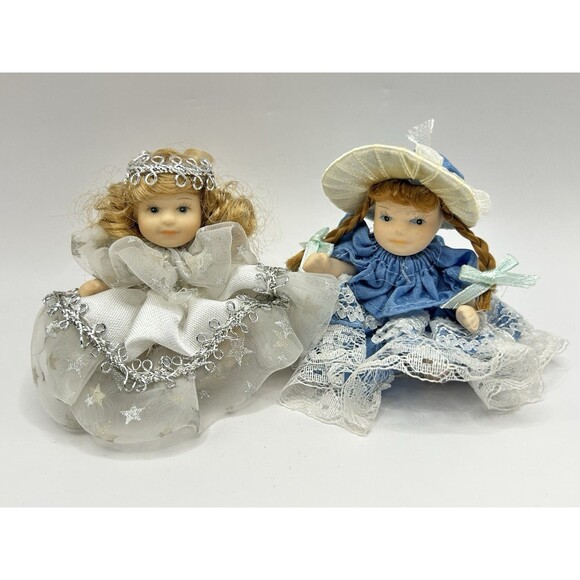 Miniature Porcelain Jointed Dolls w White Silver Star & Blue Dress 2.5" Lot of 2 - Picture 1 of 10